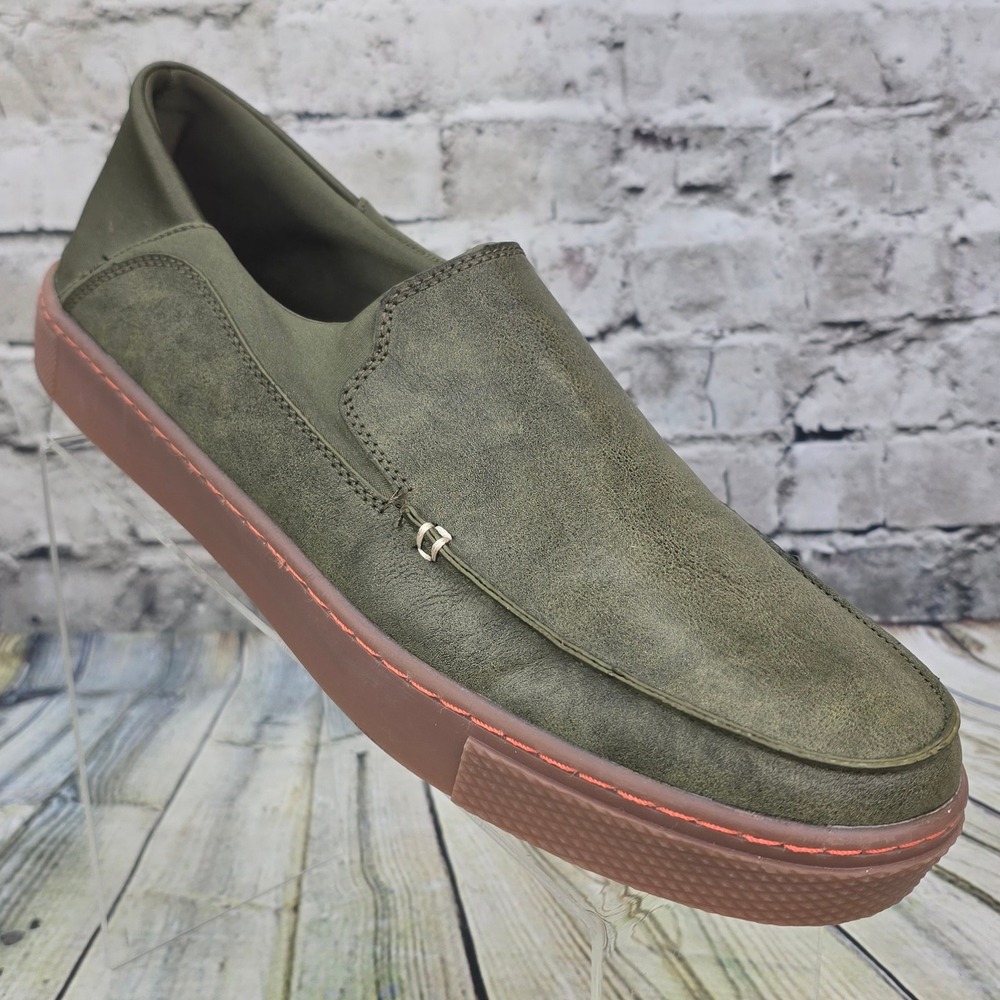 MUK‎ LUKS Park Place Slip On Loafers Mens 12 Olive Green Faux Leather Gum Sole